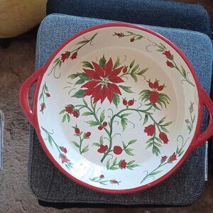 Christmas Entertaining Unbranded Poinsettia Round Ceramic Handled Baking Dish